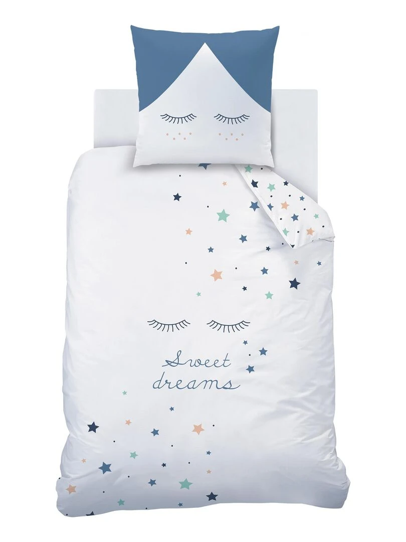 Parure de lit imprimée 100% coton  SWEET DREAMS   Blanc Bleu
