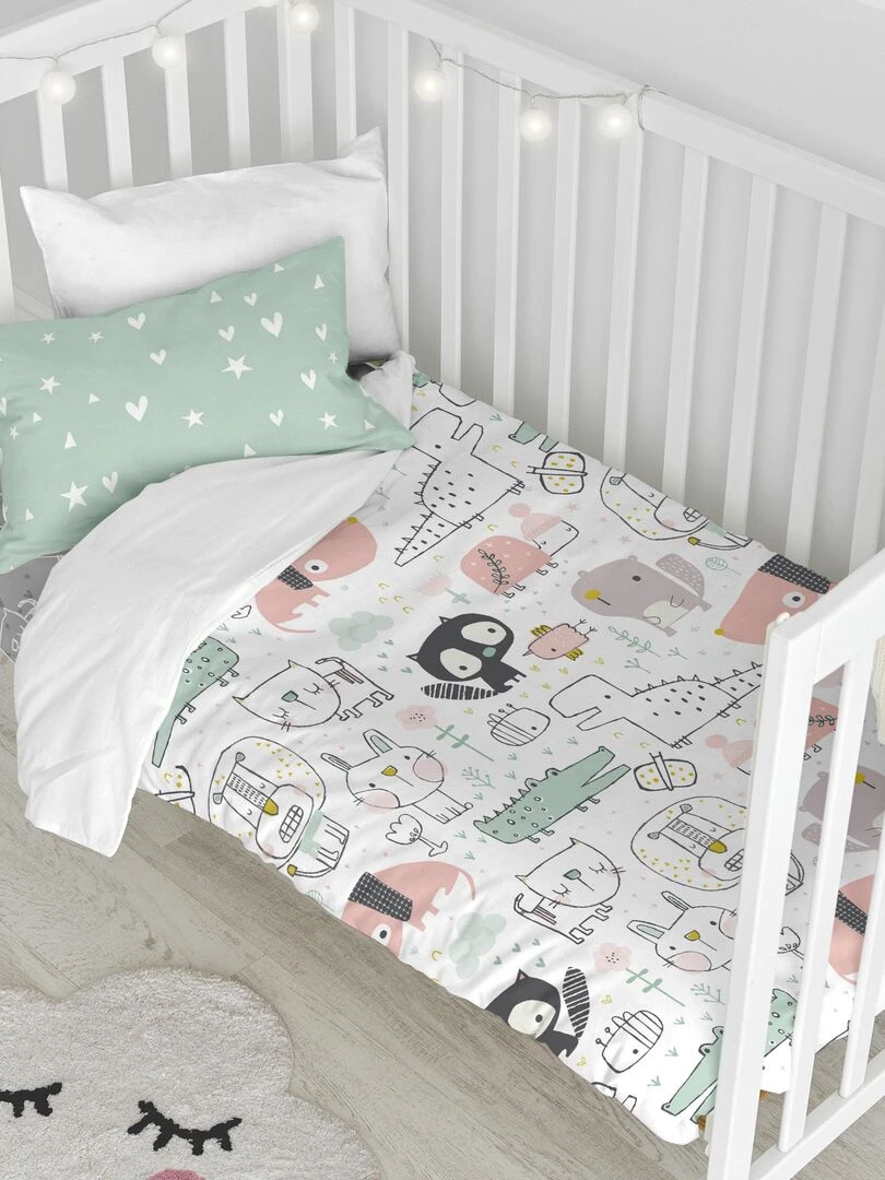 Parure housse de couette 2 pièces Best buddies Berceau "Happyfriday" Blanc Vert
