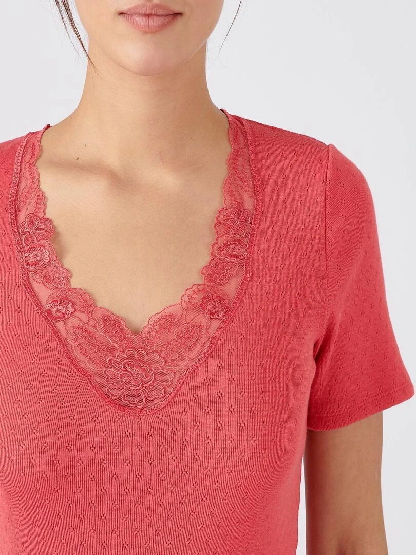 T shirt manches courtes maille ajourée Thermolactyl Damart Rose framboise