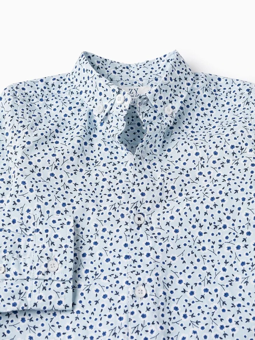 Chemise à motif floral pour garçon manches longues CÉRÉMONIE   Bleu clair