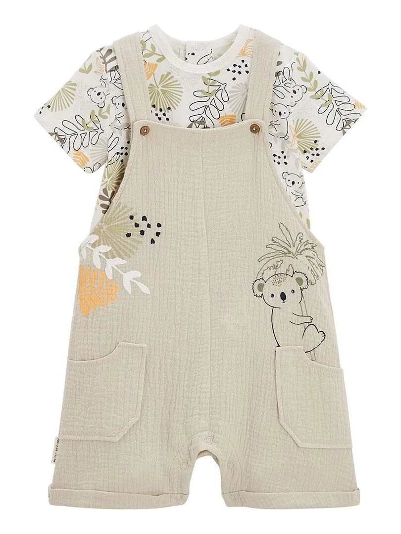 Ensemble salopette bébé en gaze de coton et t shirt Brisbane Beige sable