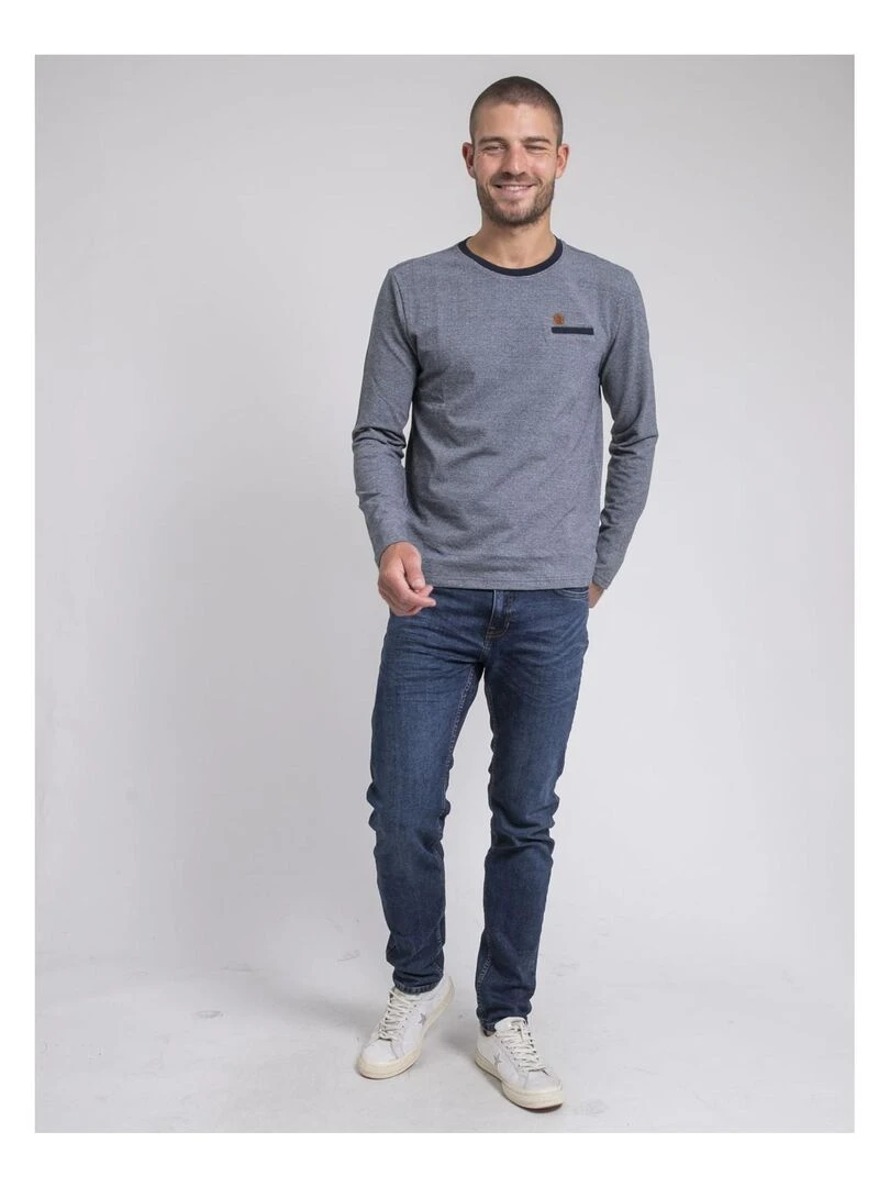 T shirt manches longues col rond pur coton JARAMOJI   Bleu marine