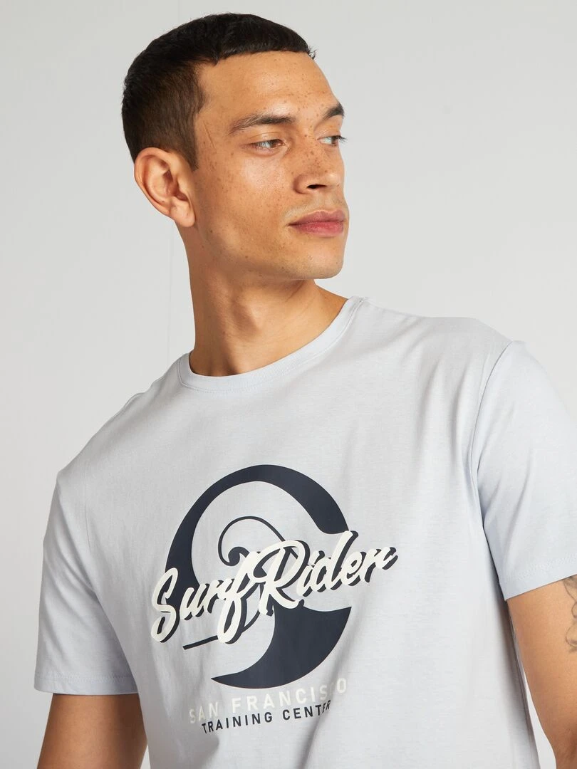 T shirt en coton imprimé à col rond   Bleu 'Surf Ride'