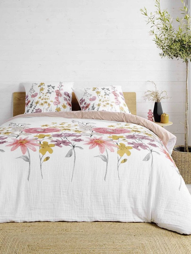 Housse de couette 260x240 + 2 taies Rosine double gaze de coton 57 fils Rose