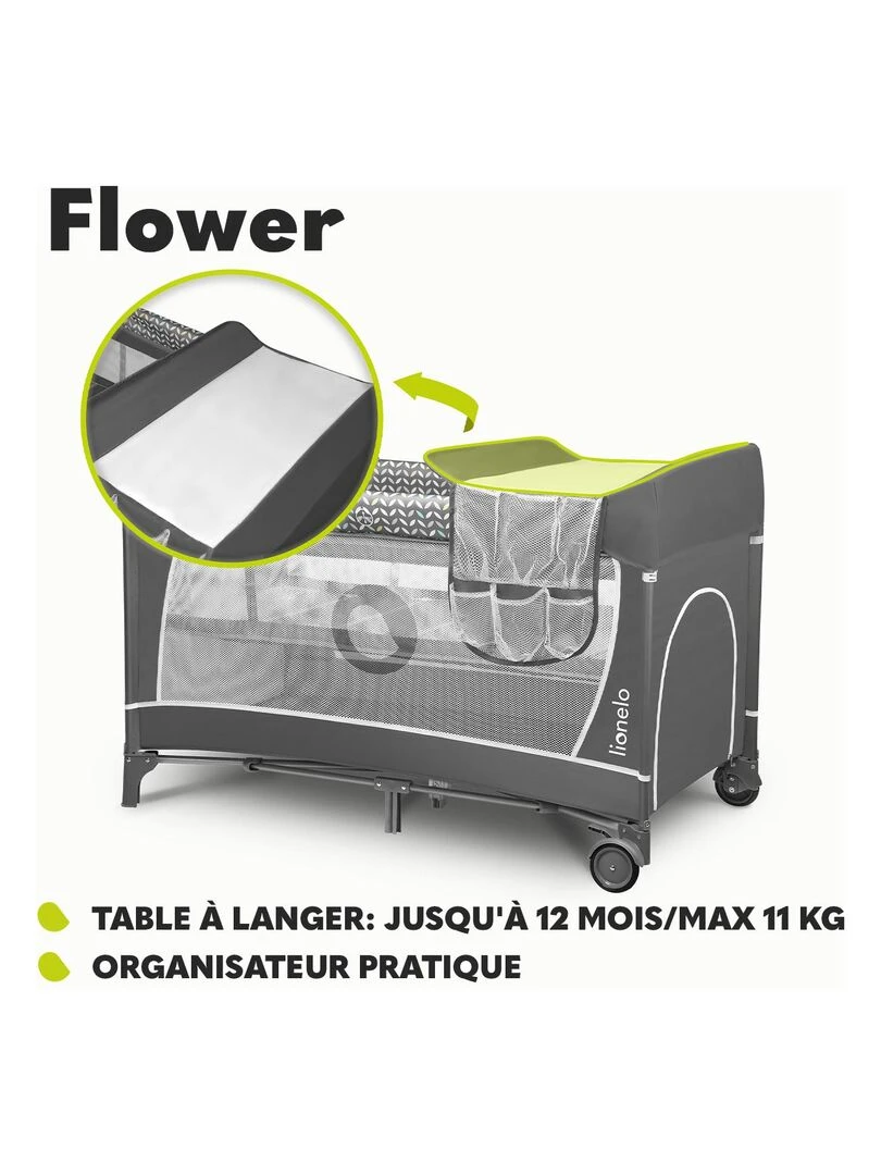 LIONELO Flower Lit parapluie bébé 2en1 0 36 mois Sac de Transport Pliage Rapide Roulettes Gris