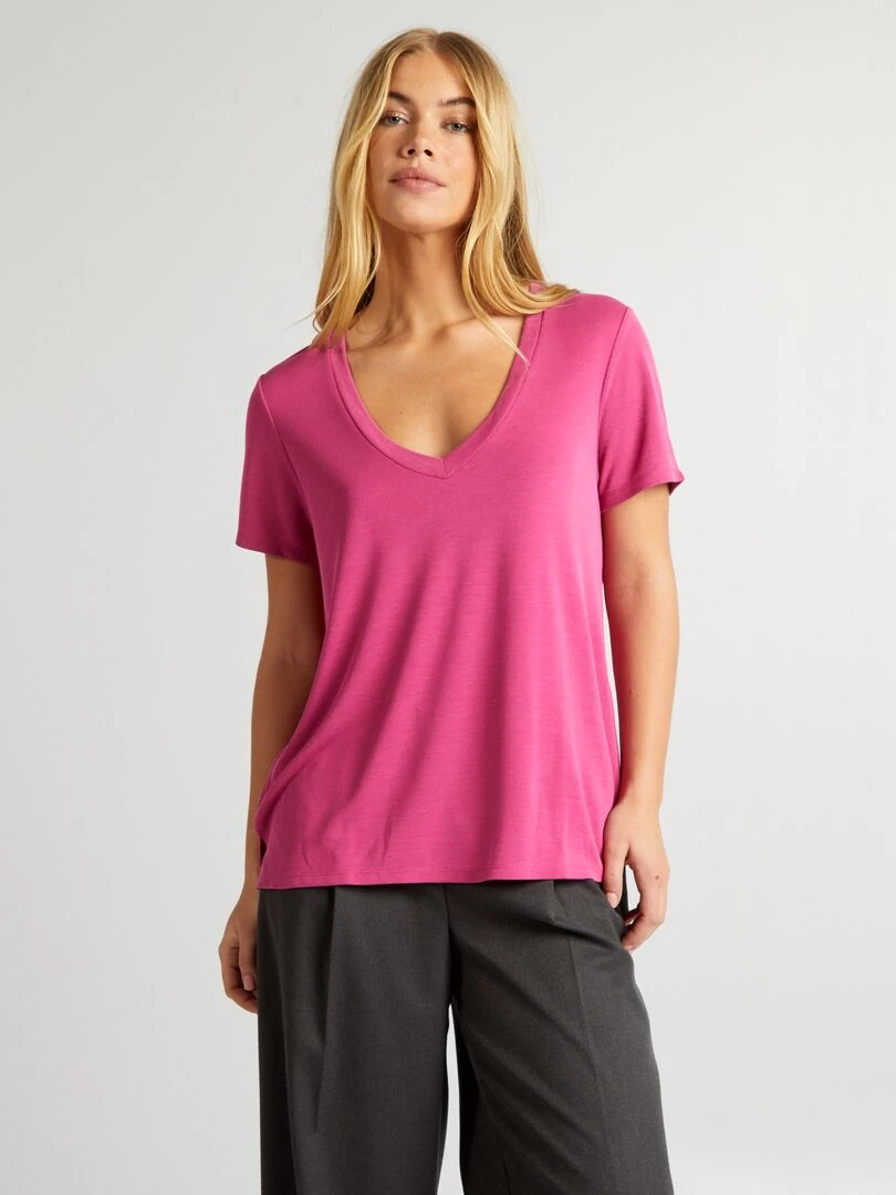 T shirt stretch à col V   Rose