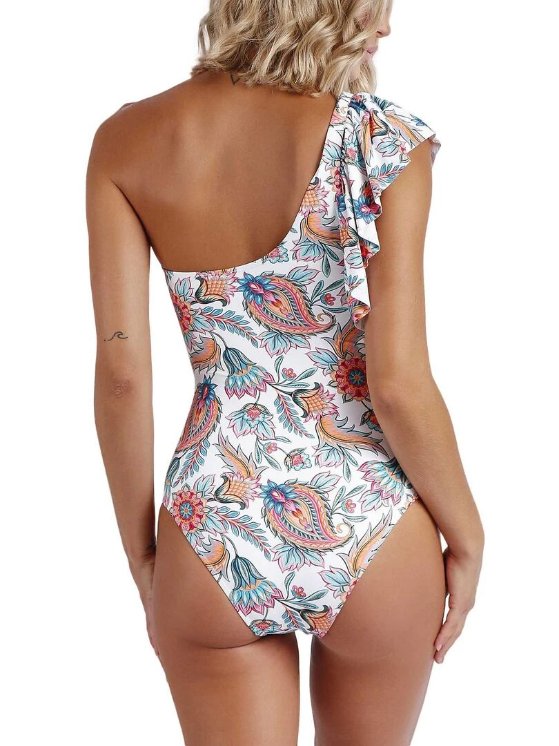 Maillot de bain une pièce asymétrique à volants White Paisley Blanc