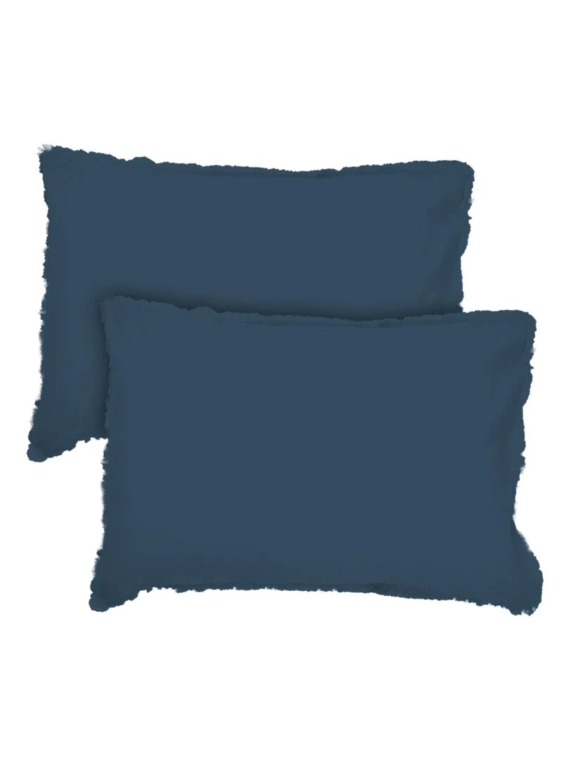 Set de 2 taies d’oreiller unies à franges  COTON LAVÉ   Bleu nuit
