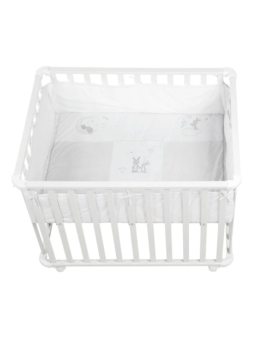 ROBA Parc Bébé en Bois 75x100 "Fox & Bunny" + Tapis de Parc Bébé et Roues à Freins Blanc Blanc