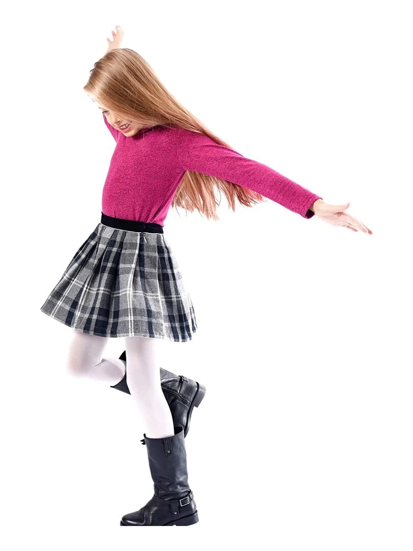 Ensemble   Pull col roulé  & jupe plissée tartan    'LA FAUTE A VOLTAIRE'   Gris Rose