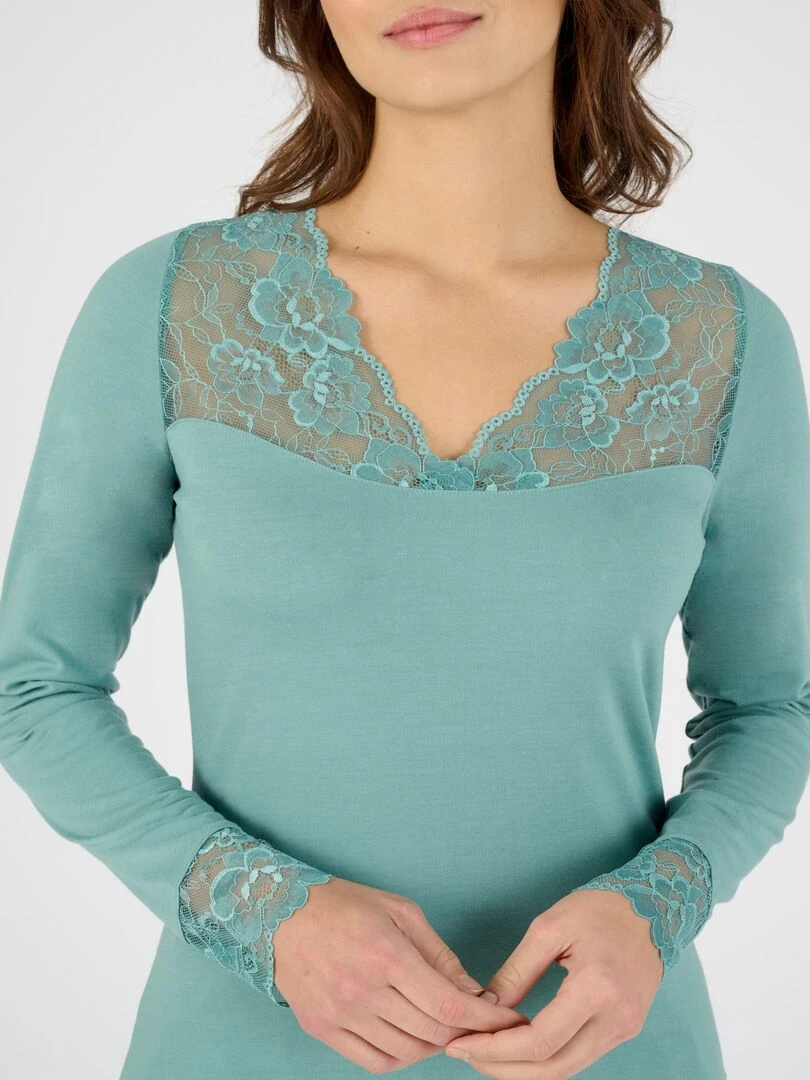 Tee shirt manches longues avec dentelle Thermolactyl Damart Vert anis
