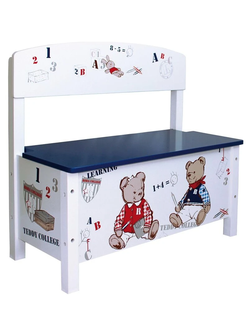 ROBA Banc Coffre à Jouets Teddy College pour Enfant Fermeture Douce Bleu / Imprimé Oursons Blanc