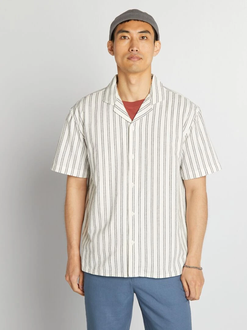 Chemise droite en lin mélangé   Blanc/noir