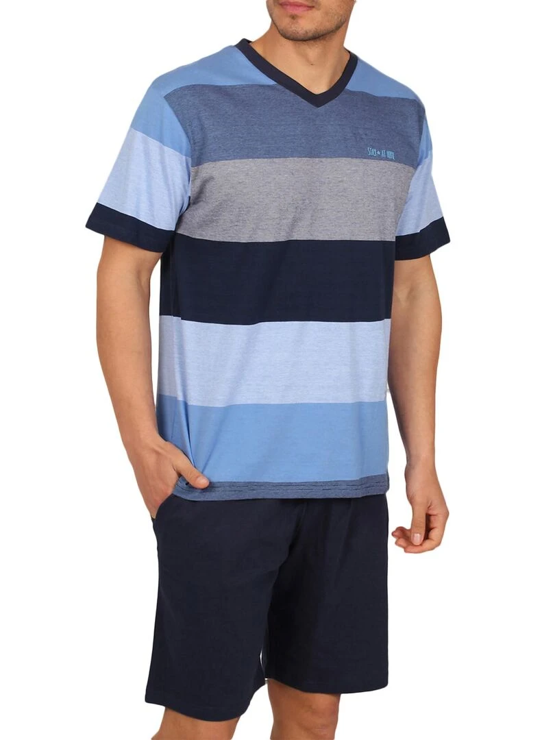 Tenue d'intérieur pyjama short t shirt Stay Stripes bleu Bleu