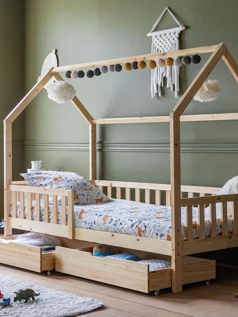HAPPY GARDEN Lit pour enfant cabane 2 tiroirs Marceau Marron