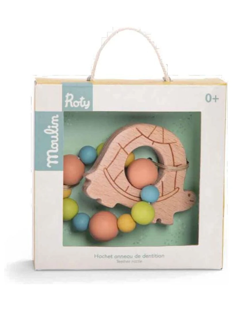 Hochet anneau de dentition bois et silicone tortue Trois petits lapins Multicolore