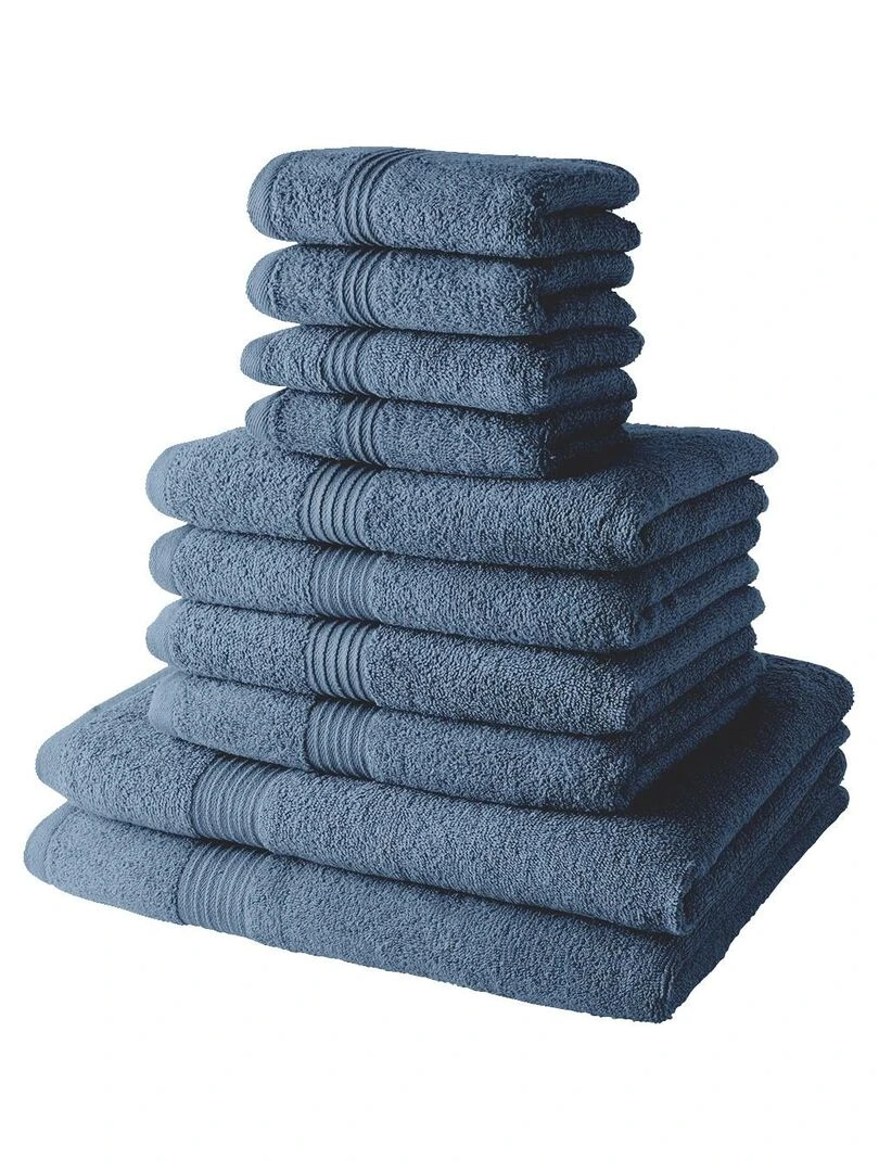 Lot de 4 serviettes invité + 4 serviettes de bain + 2 draps de bain coton uni ESSENTIAL Bleu gris