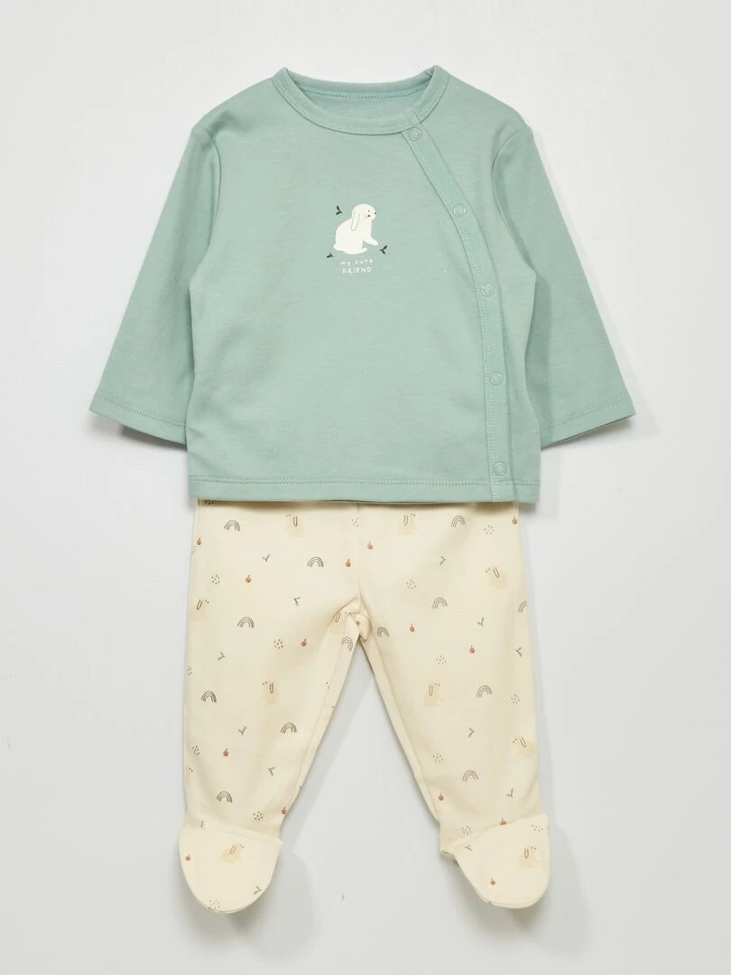 Ensemble pyjama en interlock 2 pièces Vert/ beige