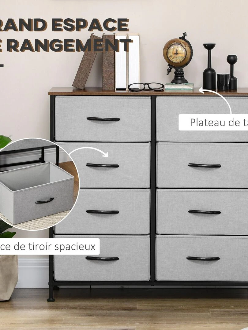Commode 8 tiroirs pliables acier noir aspect bois non tissé gris   Gris