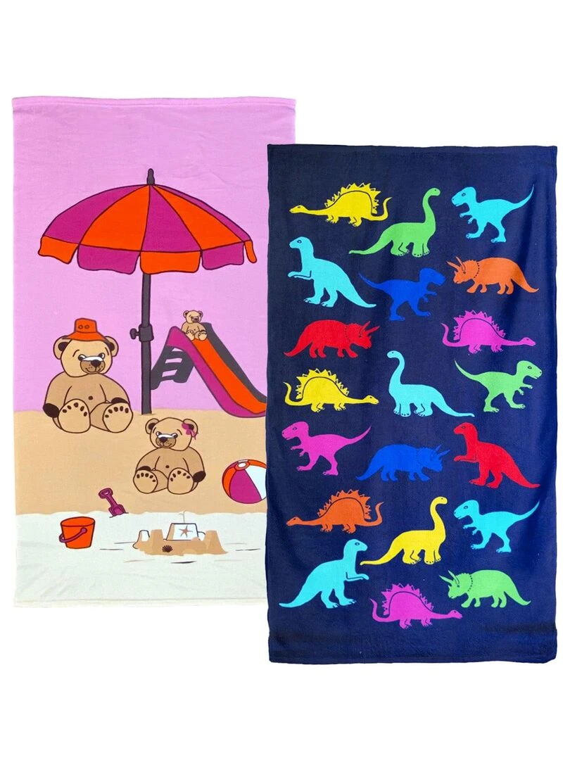 Pack serviette de plage microfibre enfant Dino et Nounours Multicolore