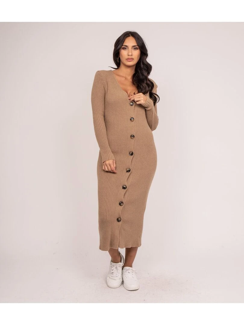 Robe longue maille côtelée IVERNY   Beige