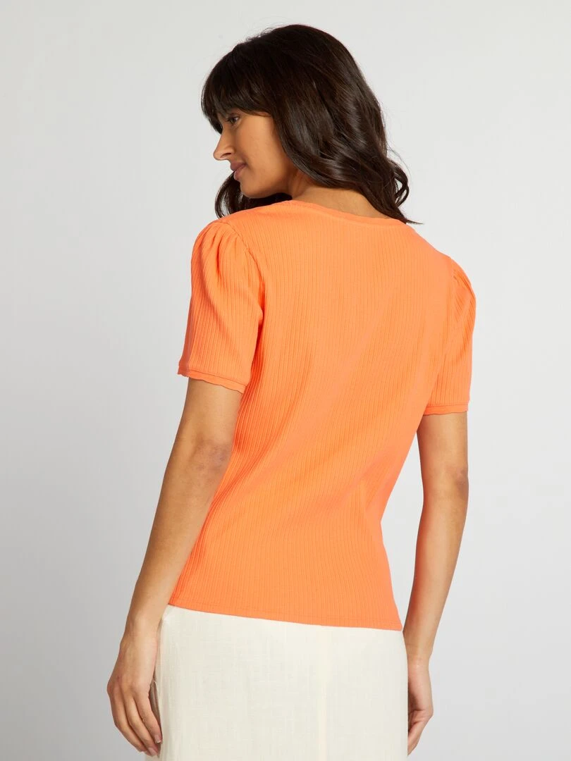T shirt côtelé à col plongeant   Orange