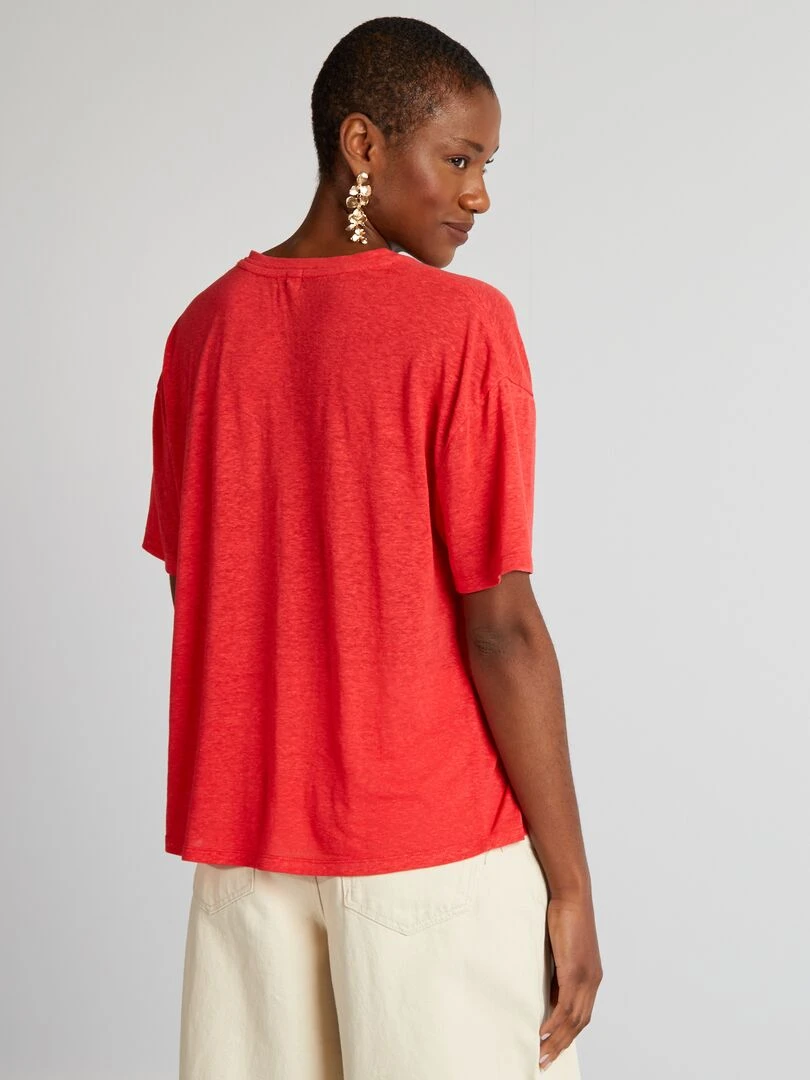 T shirt à col V avec lin   rouge