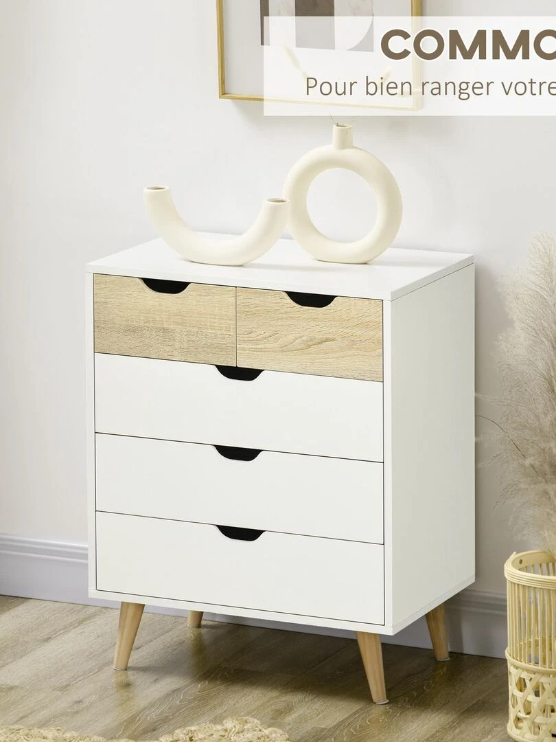 Commode design scandinave 5 tiroirs bois blanc aspect bois clair   Blanc