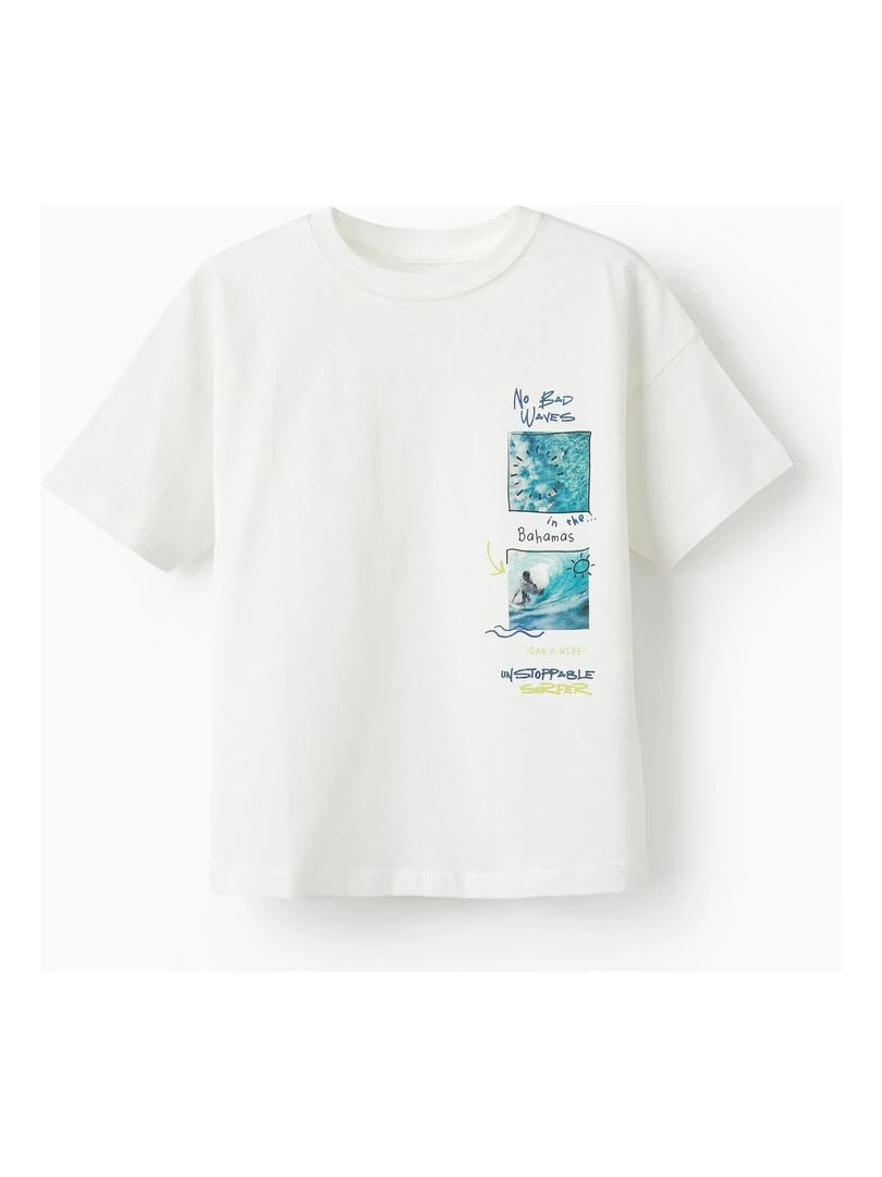T shirt en coton pour garçon 'No Bad Waves' manches courtes Blanc
