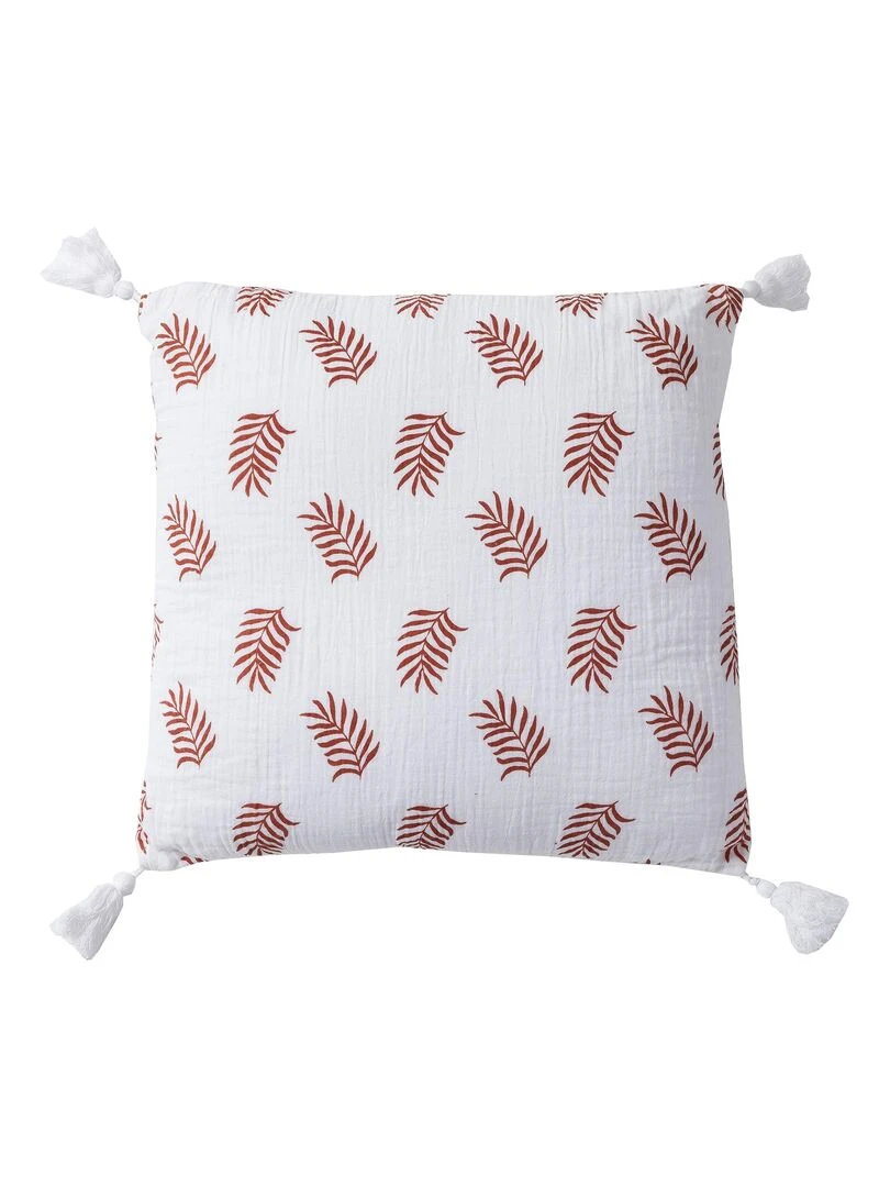 Coussin en double gaze de coton avec imprimé feuillage 'Deko&co' Blanc Rouge