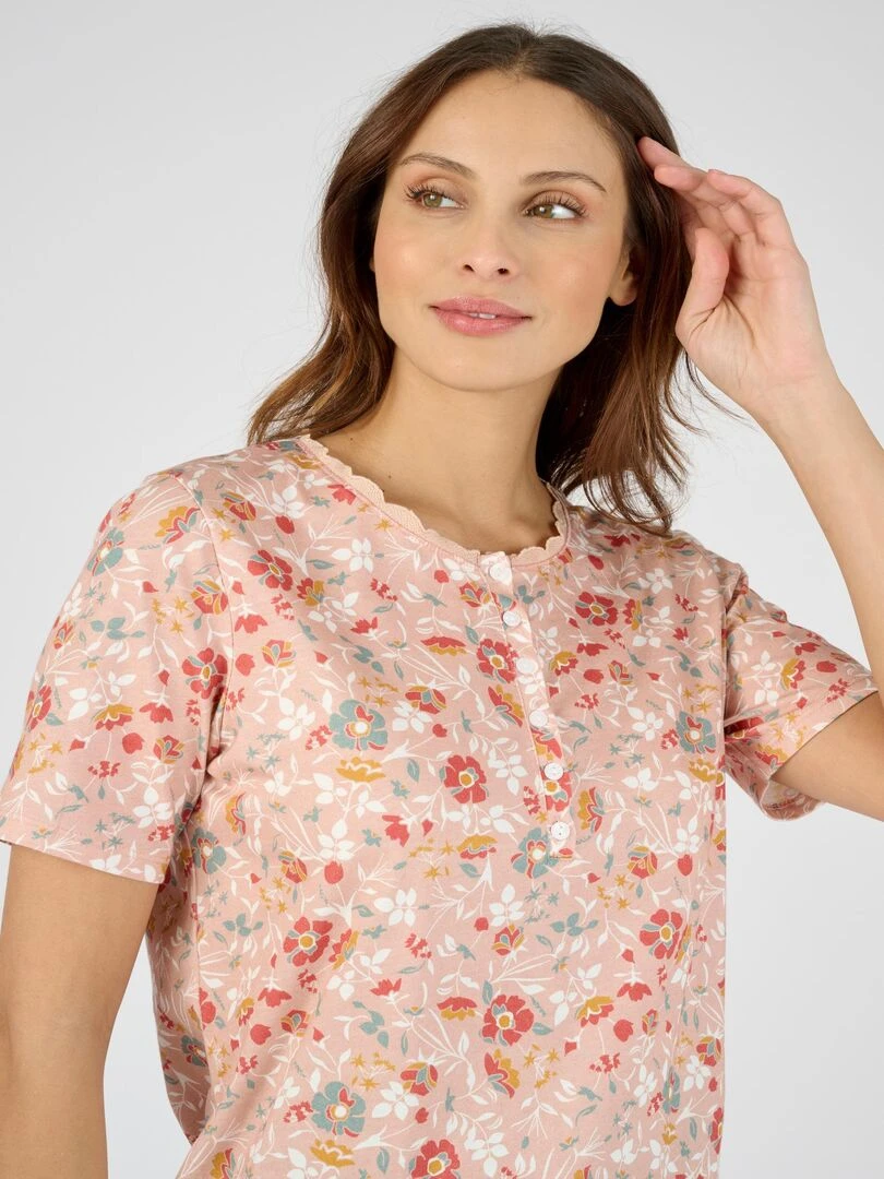 Tee shirt col rond fantaisie en pur coton.   Damart   Rose
