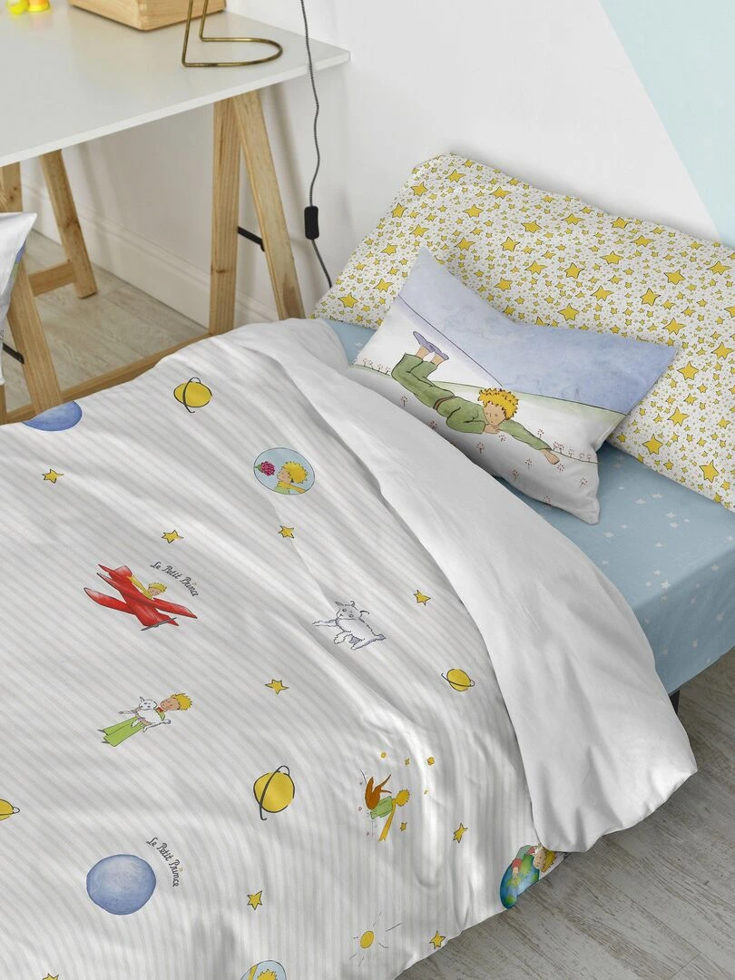Parure housse de couette 2 pièces Son monde "Happyfriday"   Bleu Jaune Blanc