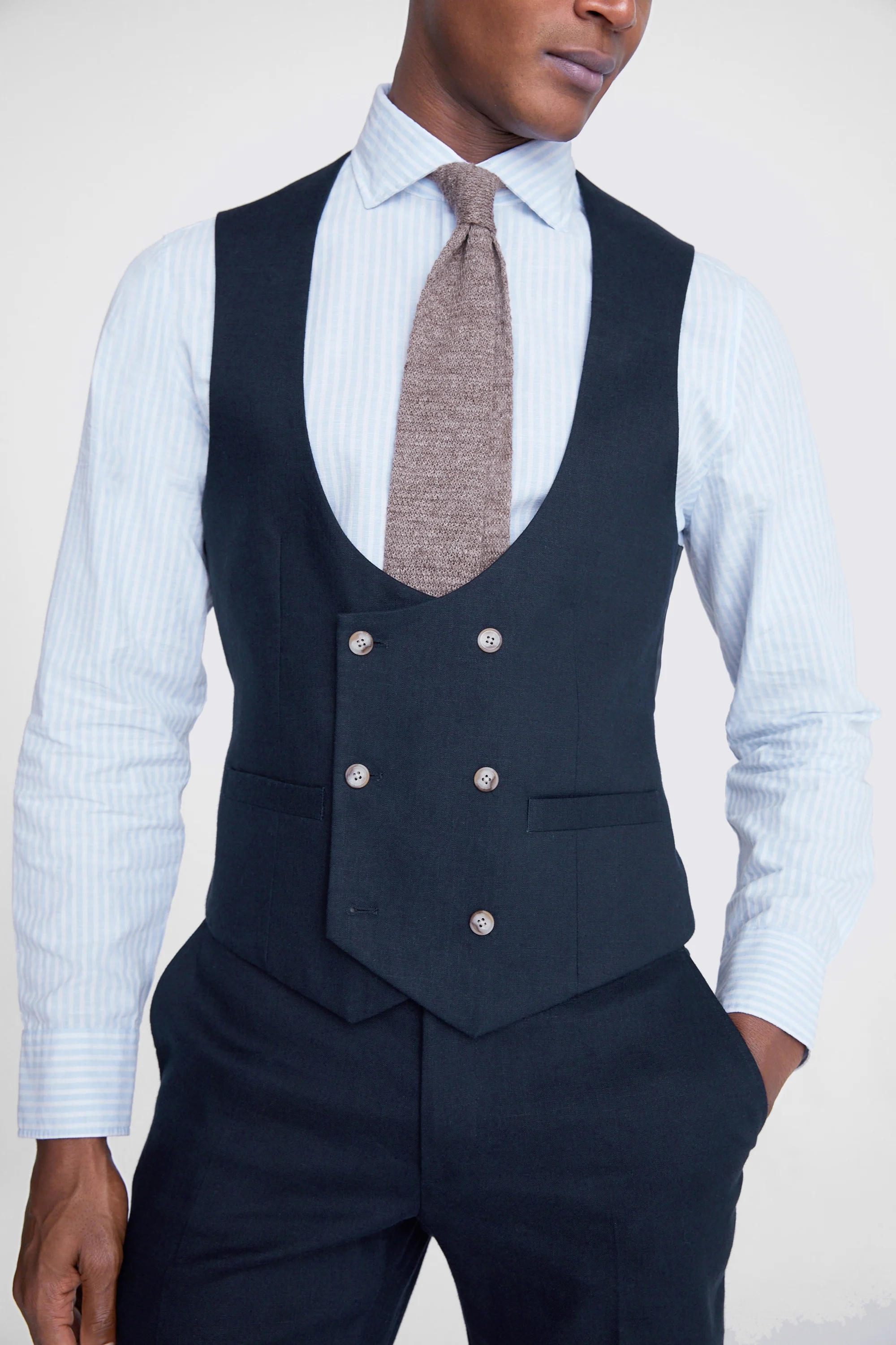 Slim Fit Navy Matt Linen Waistcoat    Buy Online at Moss