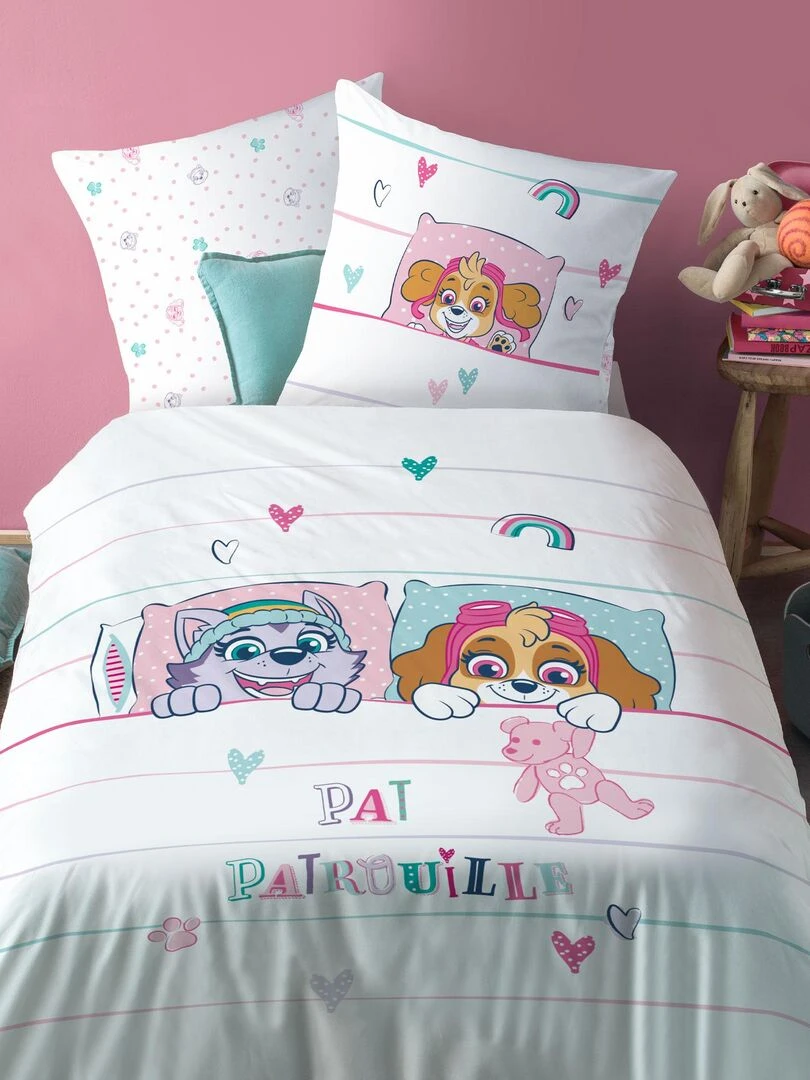 Parure de lit imprimée 100% coton PAT PATROUILLE DOUCE NUIT Blanc Rose