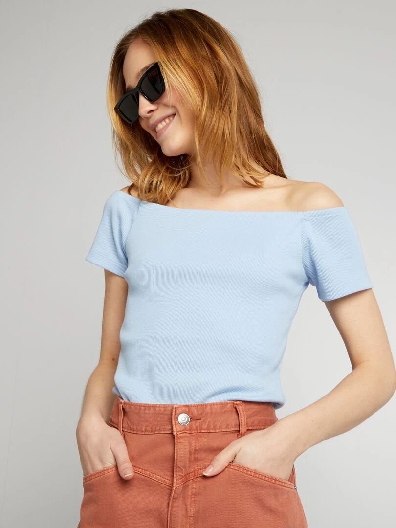 T shirt bardot en maille cotelée Bleu ciel