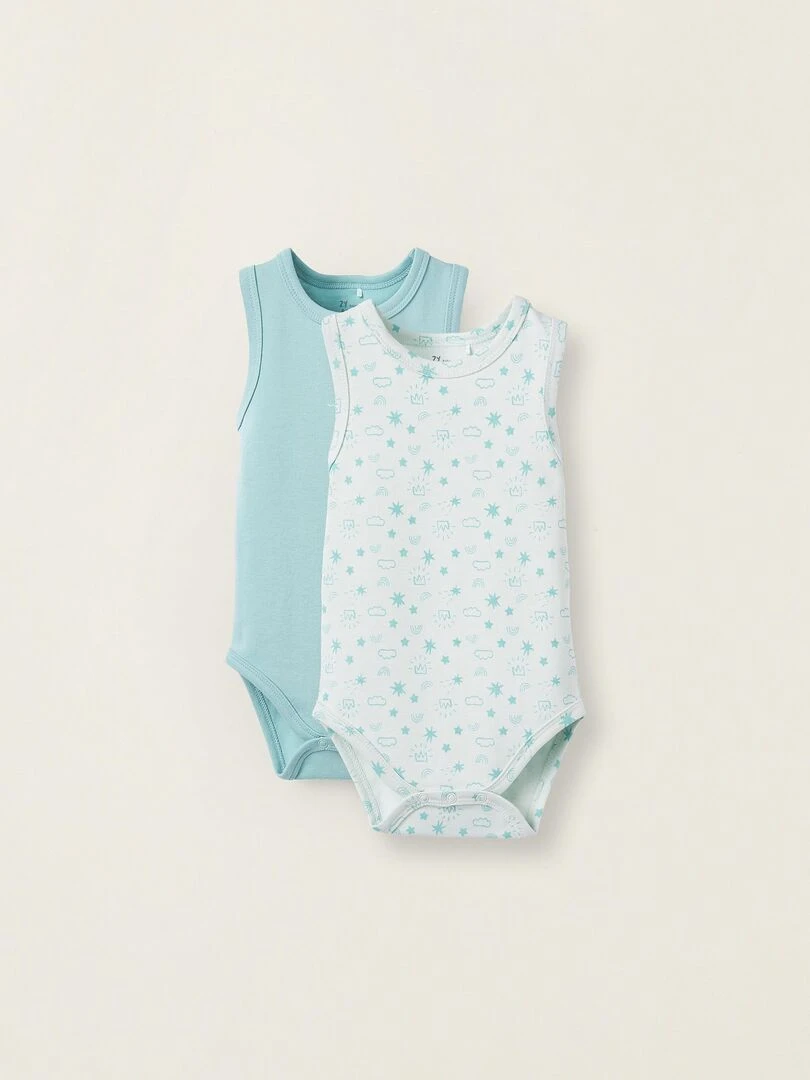 Pack 2 Bodies sans Manches en Coton Bébé Garçon manches courtes Bleu Vert