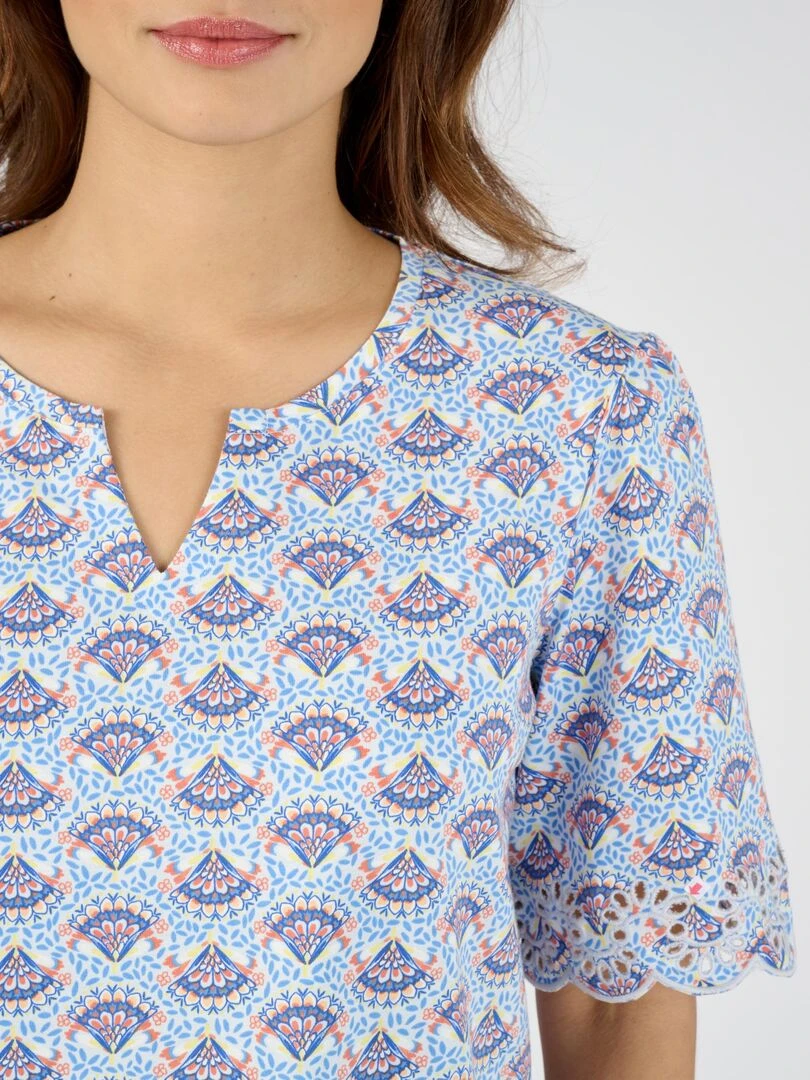 Tee shirt imprimé détails brodés. Damart Bleu