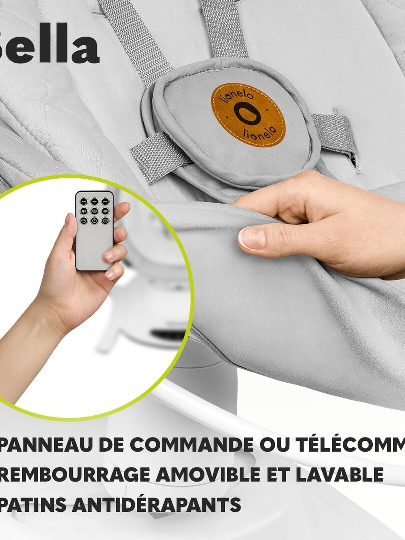 LIONELO Bella   Balancelle Bébé Électrique 360°   Léger   12 mélodies   6 modes   Télécommande   Gris Blanc