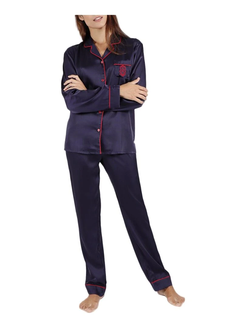 Pyjama satin tenue d'intérieur chemise et pantalon Classic Bleu marine
