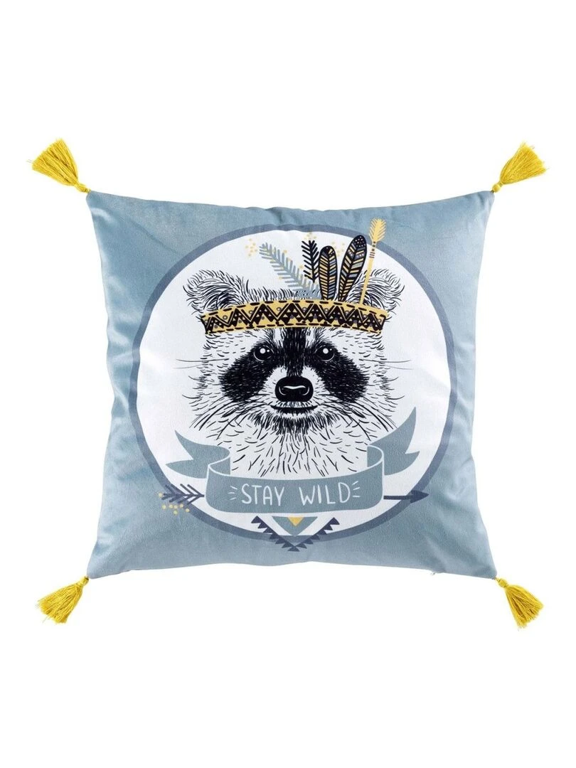 Coussin déhoussable pompons 40x40 cm velours Filou Bleu