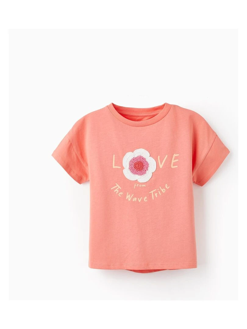 T shirt à manches courtes avec fleur brodée pour fille 'Love' manches courtes THE WAVE TRIBE Rose clair