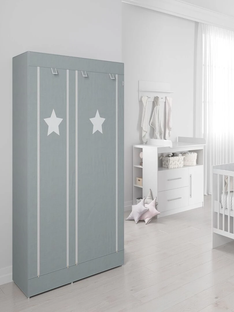 Armoire de rangement à 2 penderies et 6 compartiments en tissu   'ROBA' Little Stars   Gris Vert