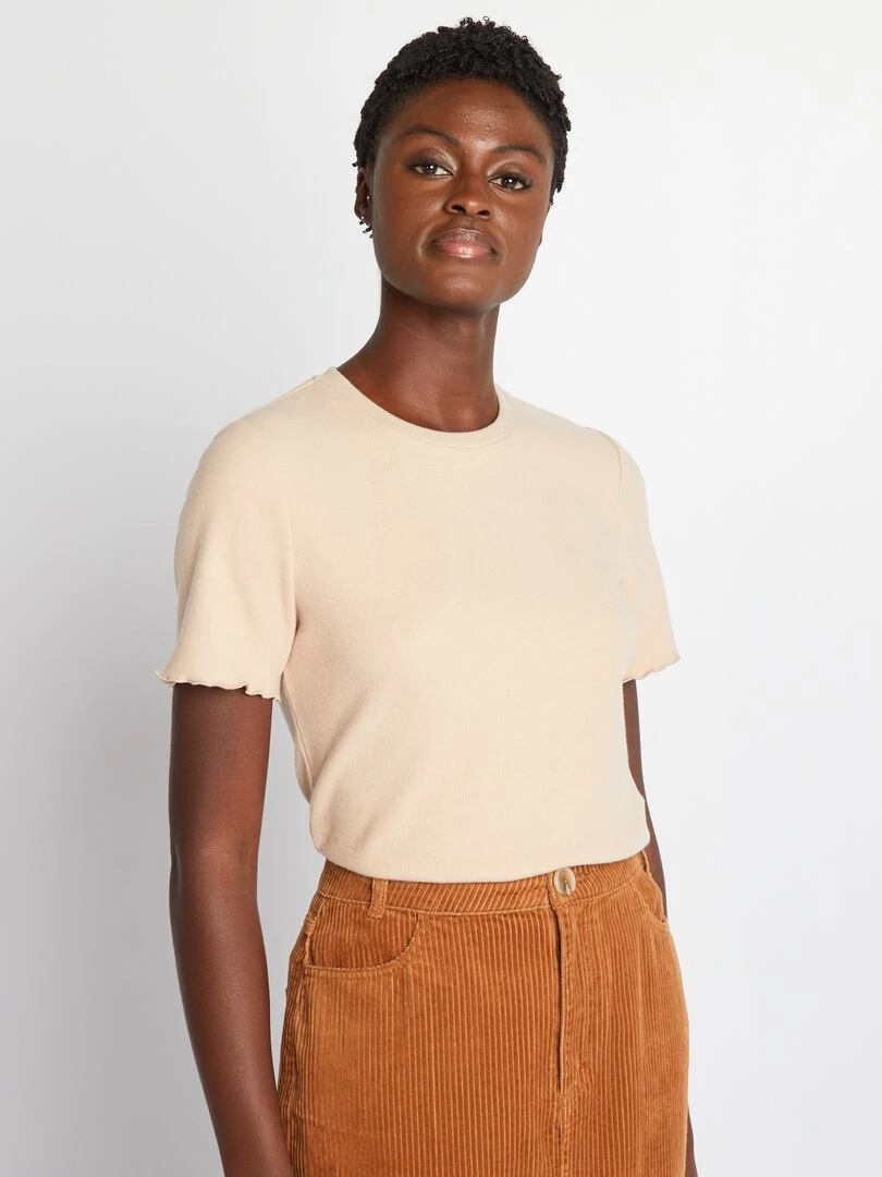 T shirt côtelé en matière doudou Beige