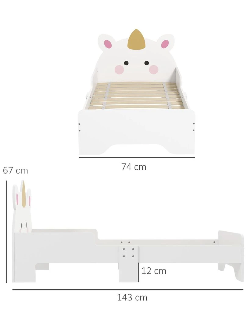 Lit enfant design licorne   sommier à lattes inclus   rose   Blanc
