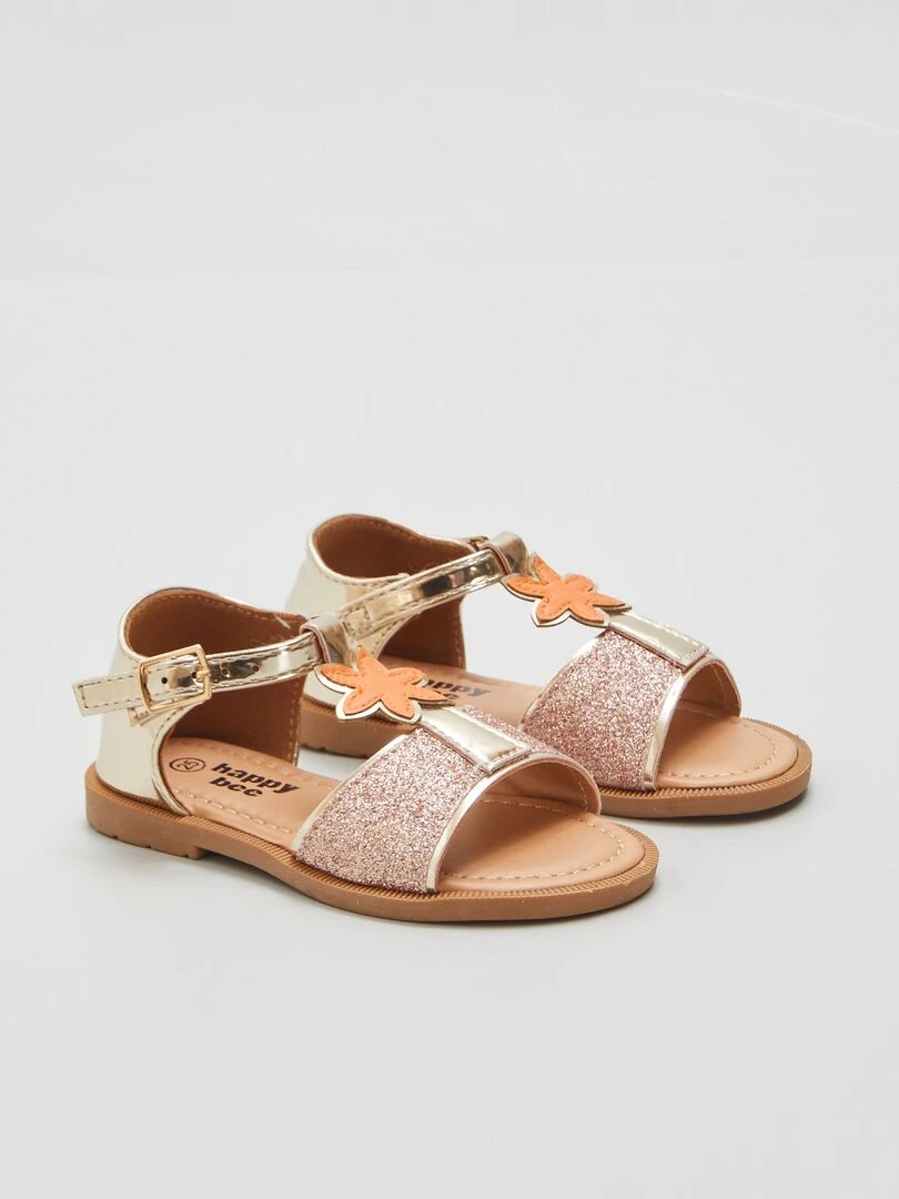Sandales pailletées à talon fermé doré