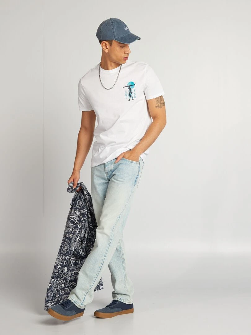 T shirt en coton imprimé à col rond   Blanc