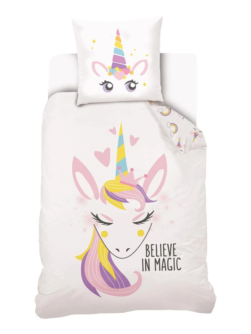 Housse de couette Licorne Lou&Loup 140x200 cm et taie d'oreiller 100% Coton Blanc