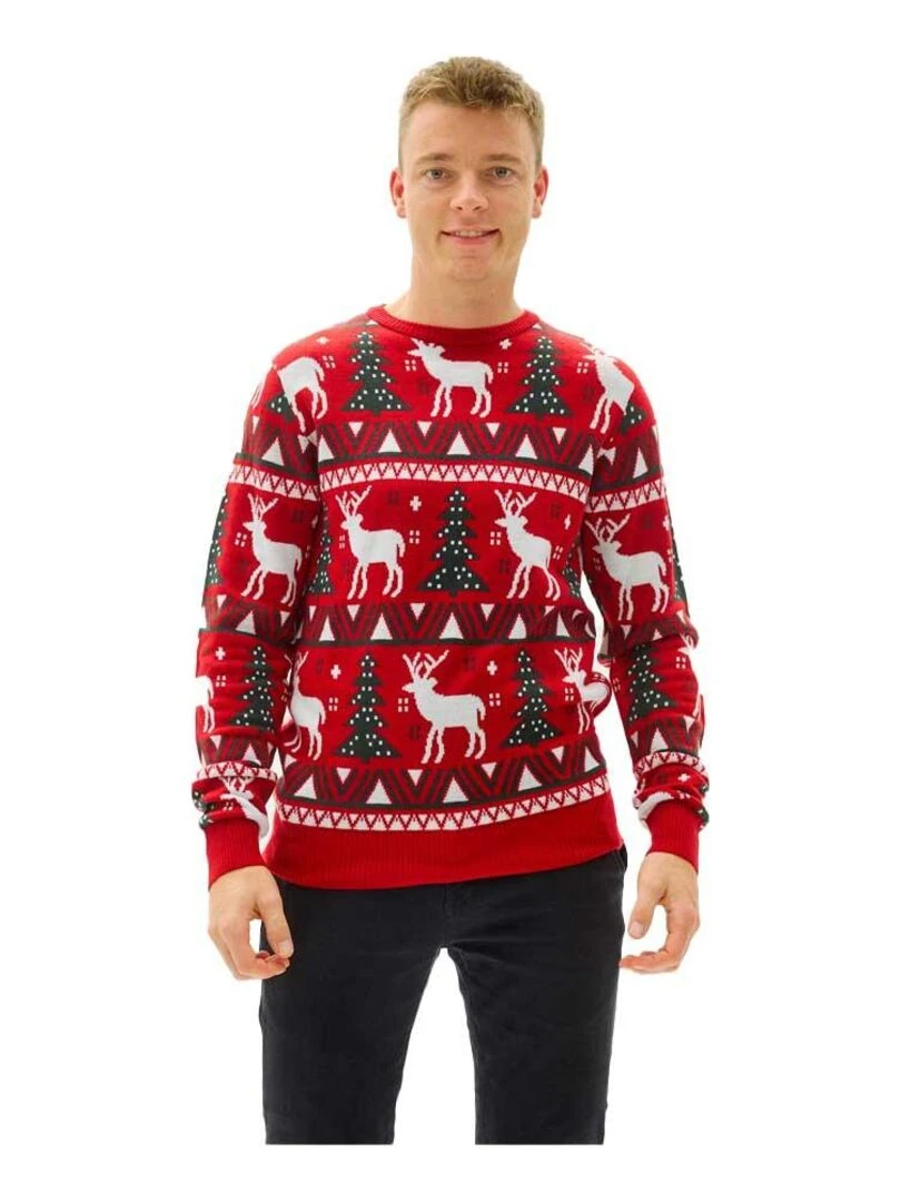 Pull de Noël "Le renne et le sapin"   Rouge