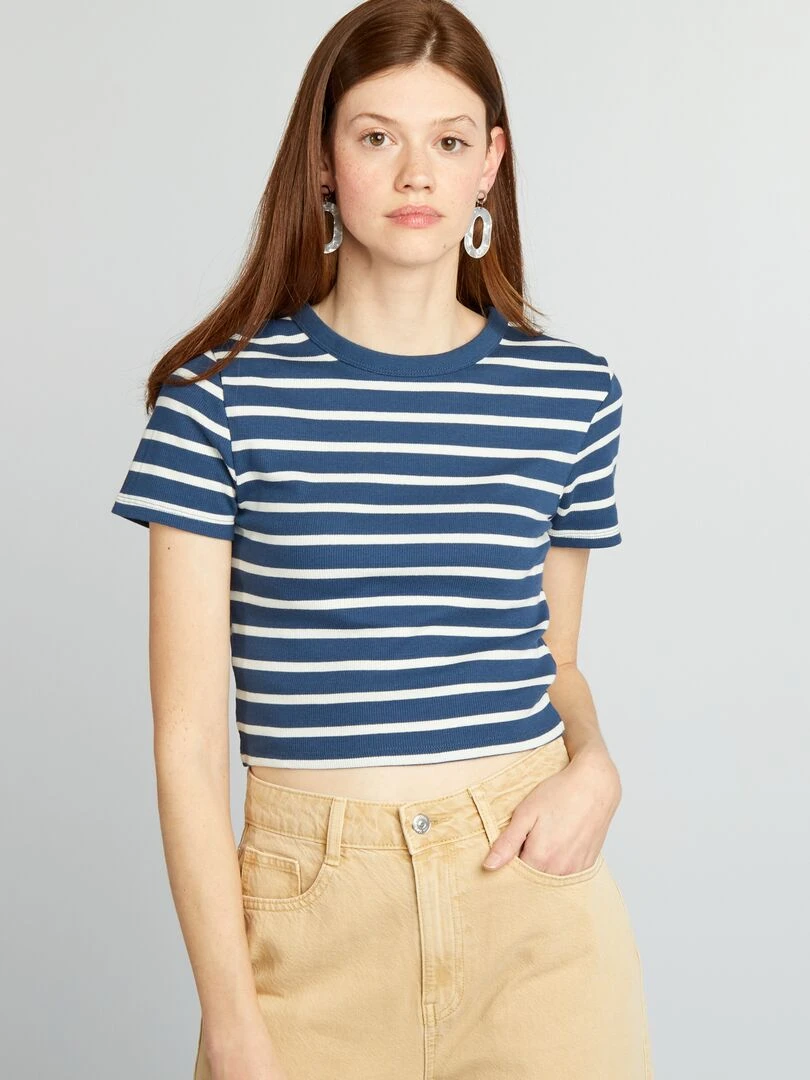 Tee shirt crop top marinière   Bleu/blanc
