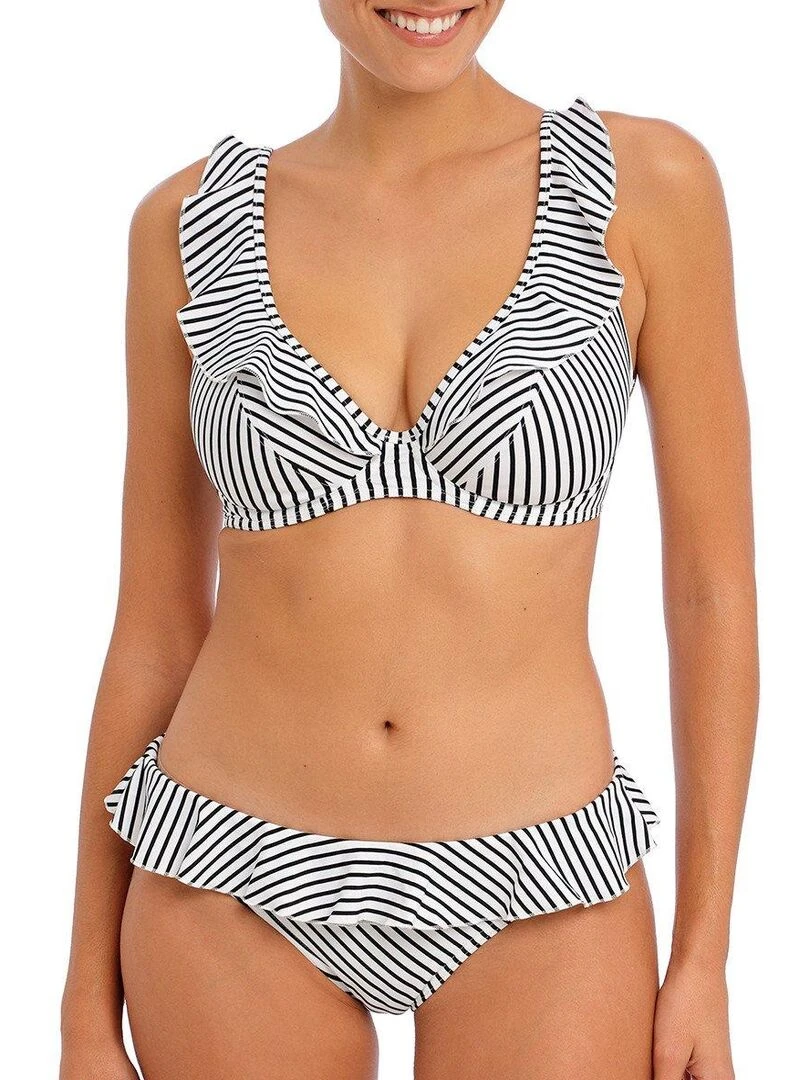 Haut de maillot rayé décolleté plongeant à volant Jewel cove Blanc